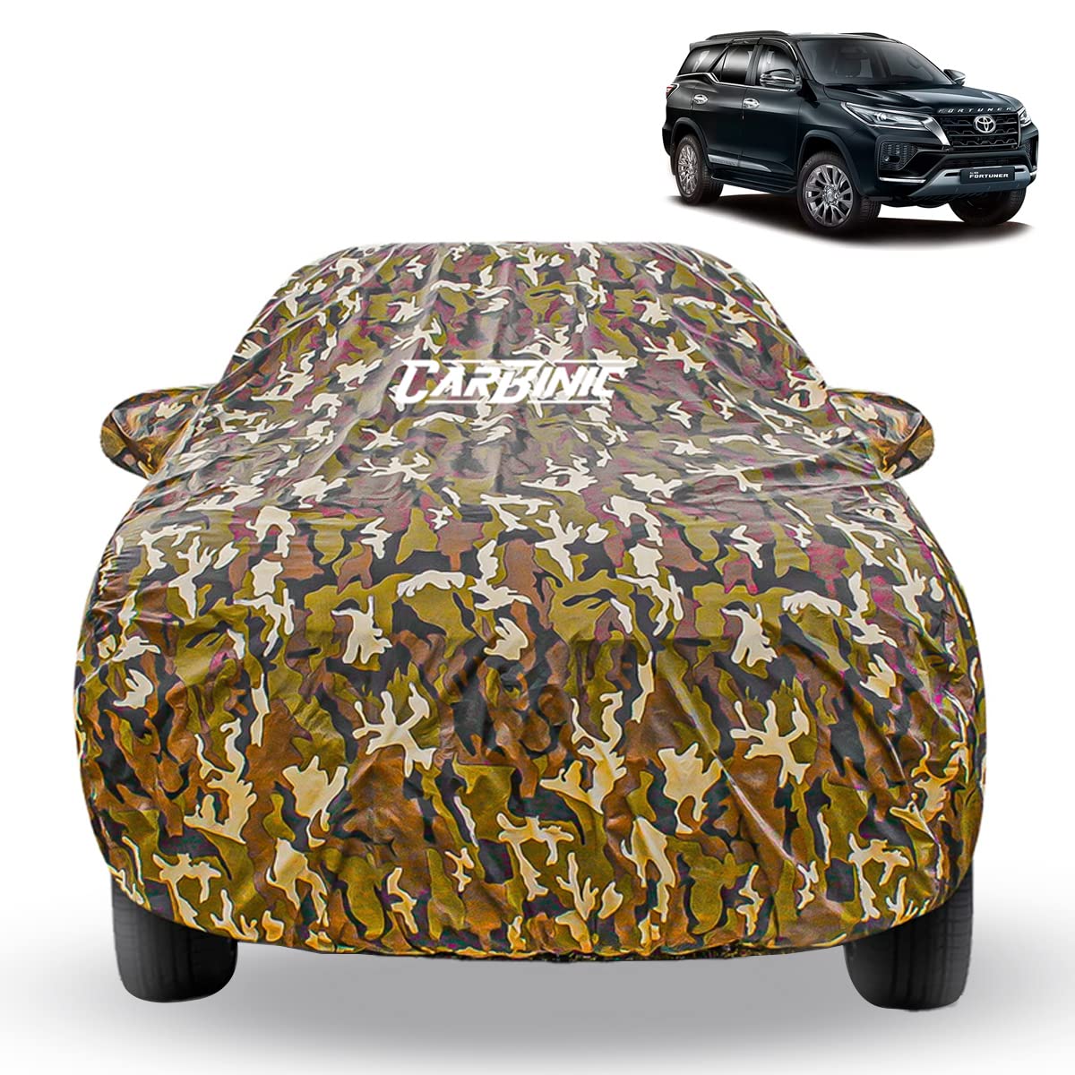 CARBINIC Car Cover for Toyota Fortuner 2022 Waterproof (Tested) and Dustproof Custom Fit UV Heat Resistant Outdoor Protection with Triple Stitched Fully Elastic Surface | Jungle with Pockets (Jungle)