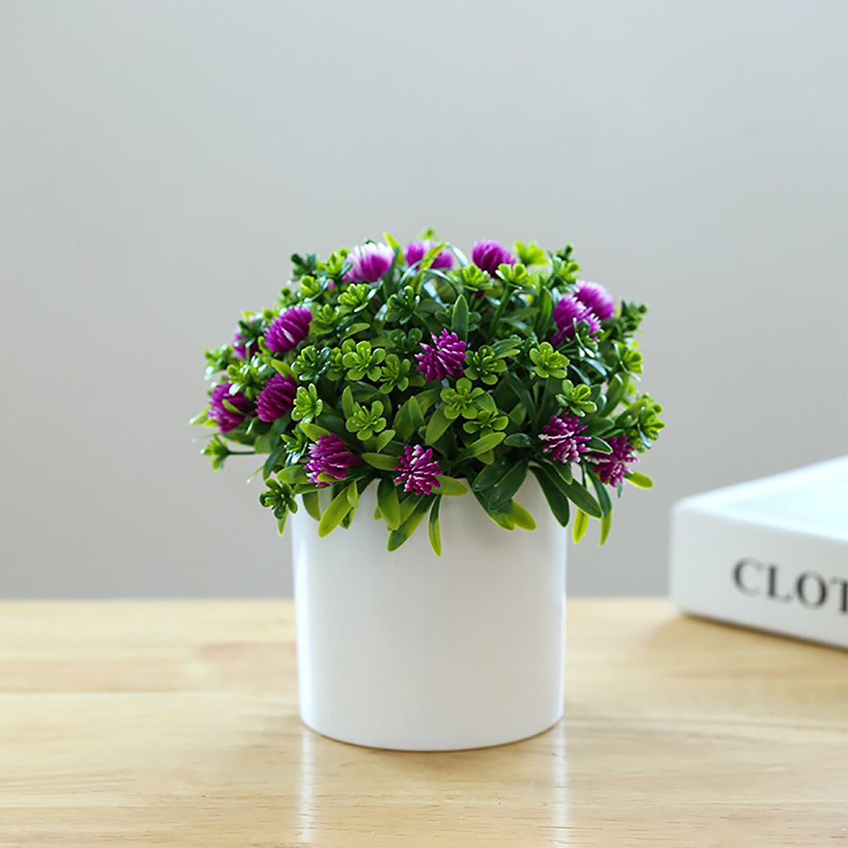 UMAI Artificial Plant with Pot 17cm Height | Natural Look Plastic Plant for Home Decor | Office Desk Bedroom Living Room | Purple Flower & Grass Balls | Table Top Shelves | Decoration.