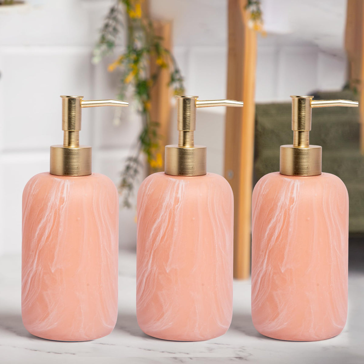 Anko Pink Resin Soap Dispenser - Set of 3 | Stylish Bathroom Accessory | Decor | Pink, 19.5cm (H) x 7.8cm (Dia.)