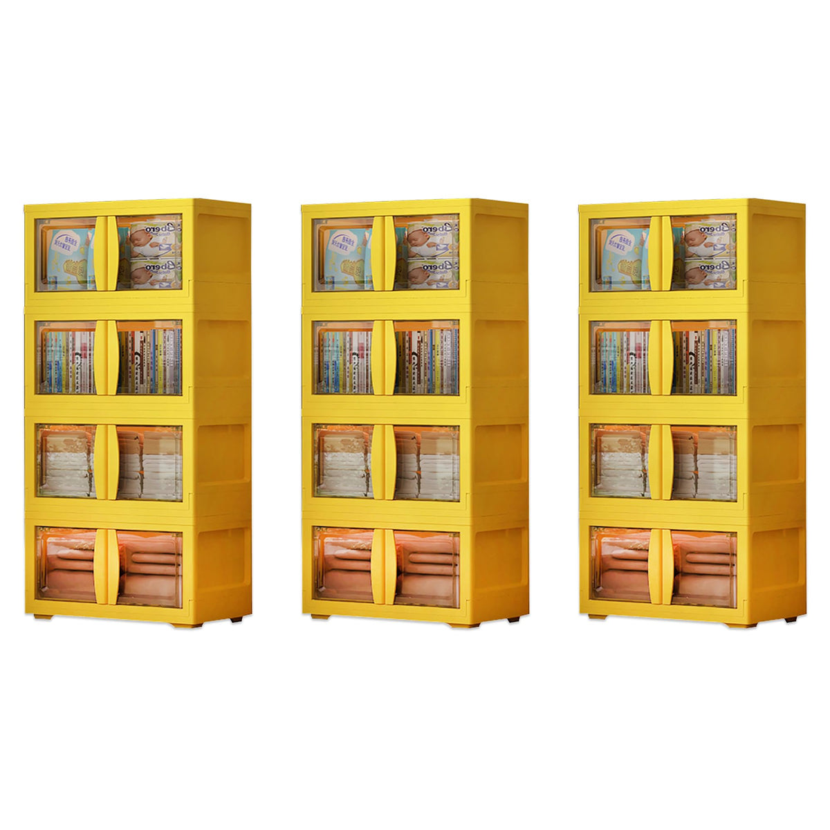 Kuber Industries (Set of 3) 4-Layer Double Door Almirah for Clothes - Collapsible & Foldable Dress Racks/Plastic Cupboard for Storage - Yellow