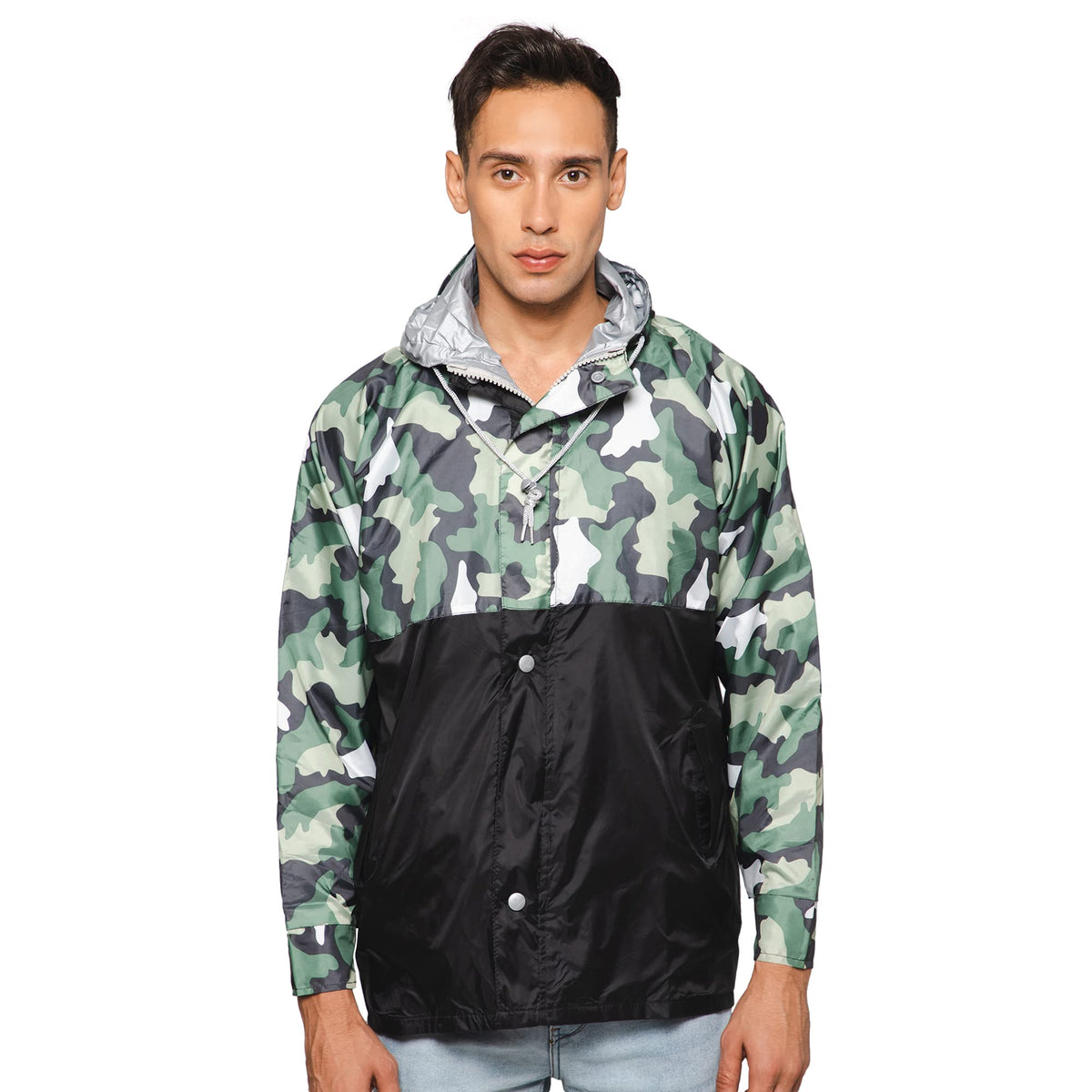 THE CLOWNFISH Napoleon Series Men's Waterproof Nylon Double Coating Reversible Rain Jacket with Hood and Reflector Logo at Back. Printed Plastic Pouch with Rope (Black, XXX-Large)