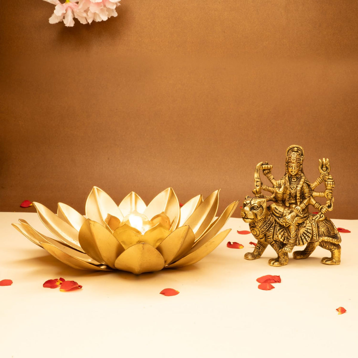 Ekhasa Pure Brass Durga Maa Idol & Tealight Candle Holder (12.8cm) | Durga MATA Murti for Home Decor, Puja Room | MATA Rani Murti for Office Desk | Maa Durga Idol for Gift | Sherawali Ma Idol (Combo)