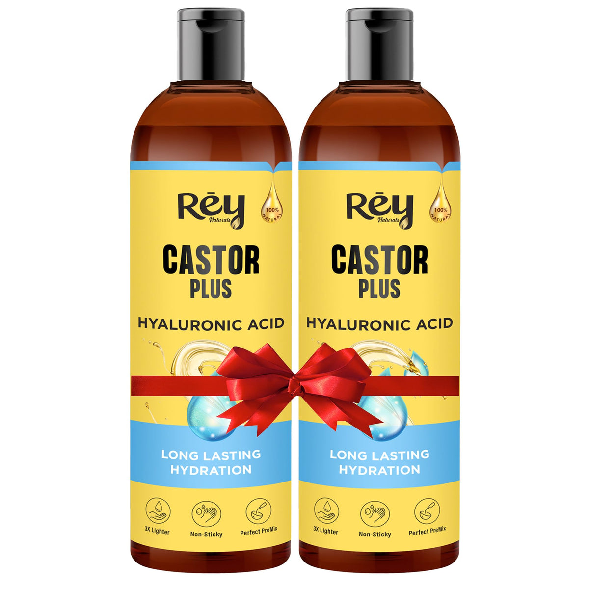 Rey Naturals Castor Plus Hyaluronic Hair Oil|Helps In Hair Growth,Hairfall Control, Skin Care &Moisturizing Dry Skin|Long Lasting Hydration & Non-Sticky Hair|For All Hair Types| 200Ml * 2