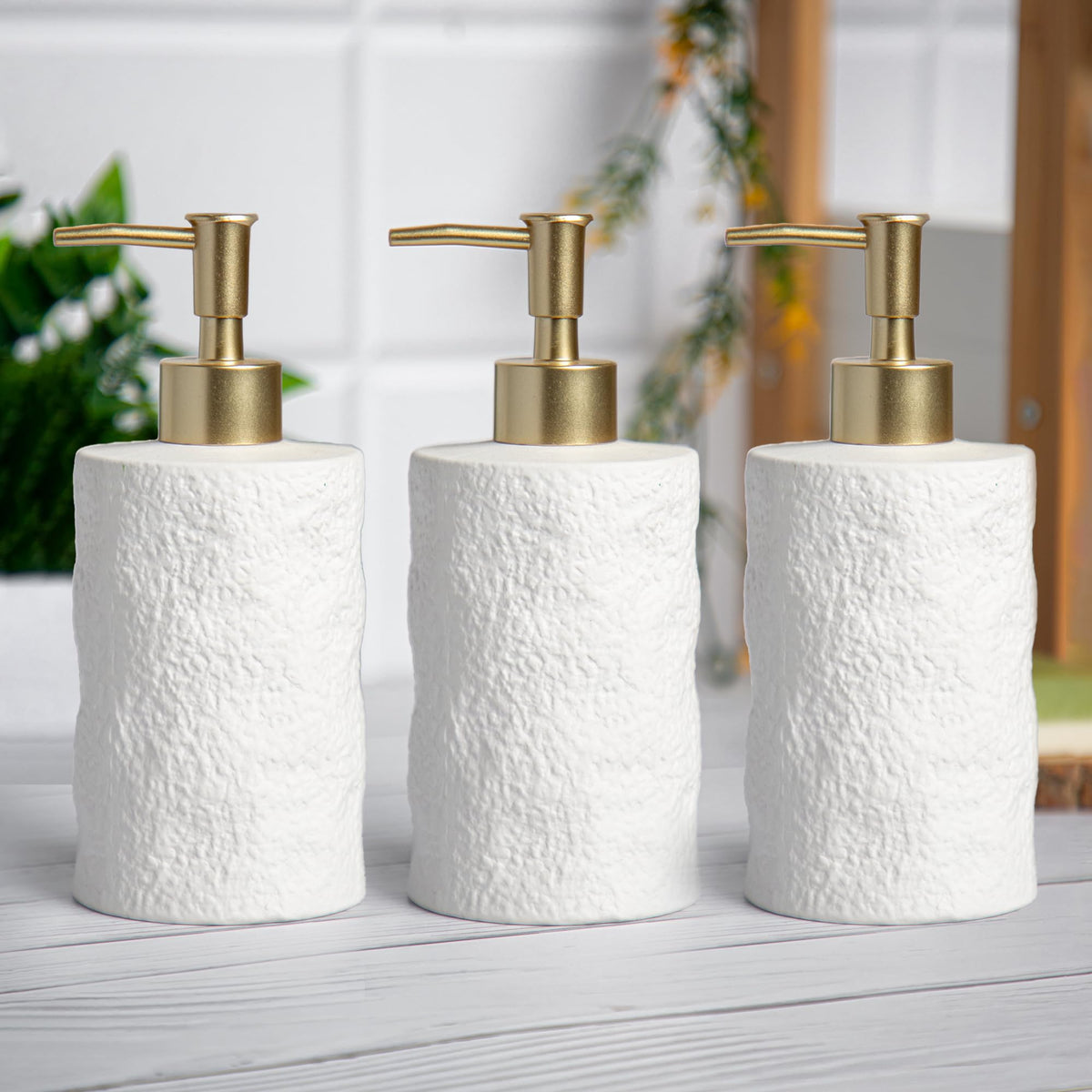 Anko Textured Soap Dispenser- Set of 3 | Bathroom Sanitizer, Lotion, Shampoo| Handwash Bottle for Kitchen | Soap Dispenser for Wash Basin | Bathroom Accessories | 18.4cm (H) x 7.8cm (Dia.)| White