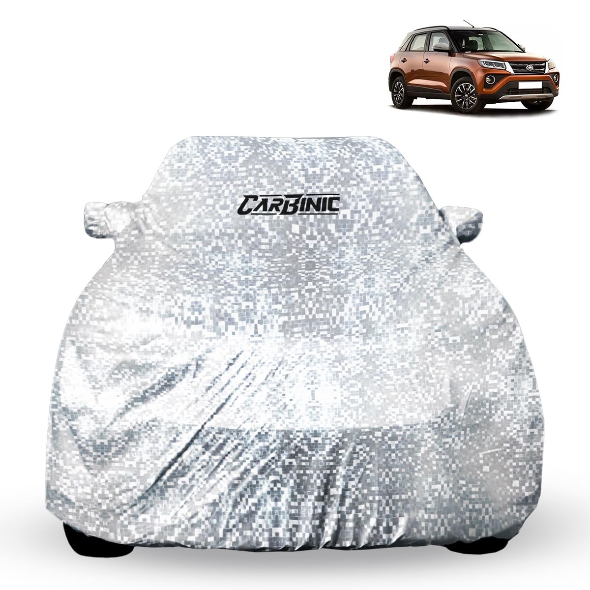 CARBINIC Car Cover for Toyota Urban Cruiser 2022 Waterproof (Tested) and Dustproof Custom Fit UV Heat Resistant Outdoor Protection with Triple Stitched Fully Elastic Surface (Silver)