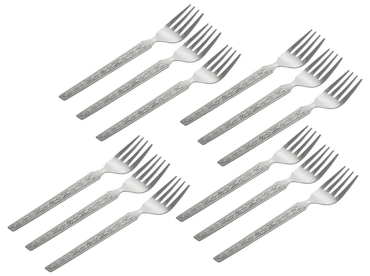 Kuber Industries Cutlery Stainless Steel Dinner Forks with Square Edge, Set of 12 (Silver)