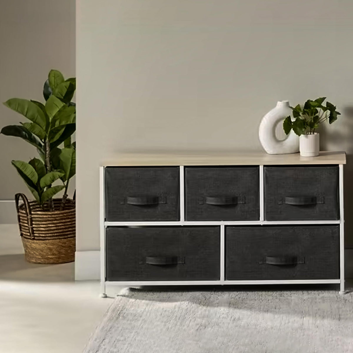 Anko 5 Drawers Storage Organizer |Metal Frame Storage Dresser with 5 Easy Pull Fabric Drawers and Wooden Tabletop | Collapisble Organiser for Bedroom, Hallway, Entryway, Closets,Nursery.