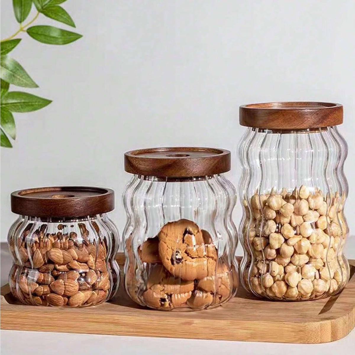 Kuber Industries Borosilicate Glass Jar with Bamboo Lid | Multi-utility | Leakproof | Airtight Storage Jar for Cookies, Snacks, Tea, Coffee, Sugar | Set of 3 (400ml, 620ml, 750ml)