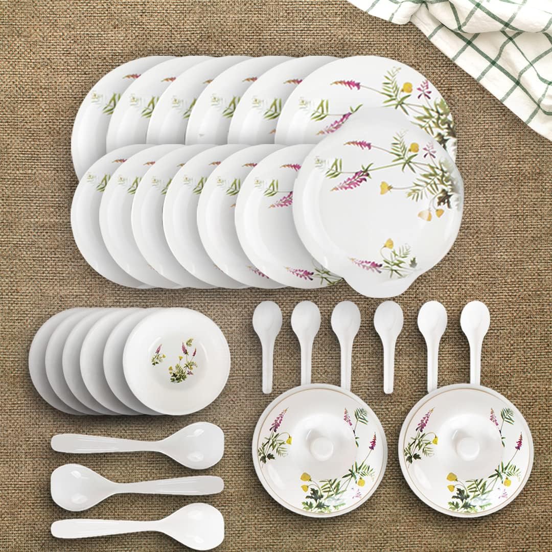 Kuber Industries 32 Pieces Round Melamine Microwave & Dishwasher Safe Dinnerware Kitchen Crockery Set | Glossy Dinner Sets & Kitchen Set for Home | Deluxe Lavender Floral - White