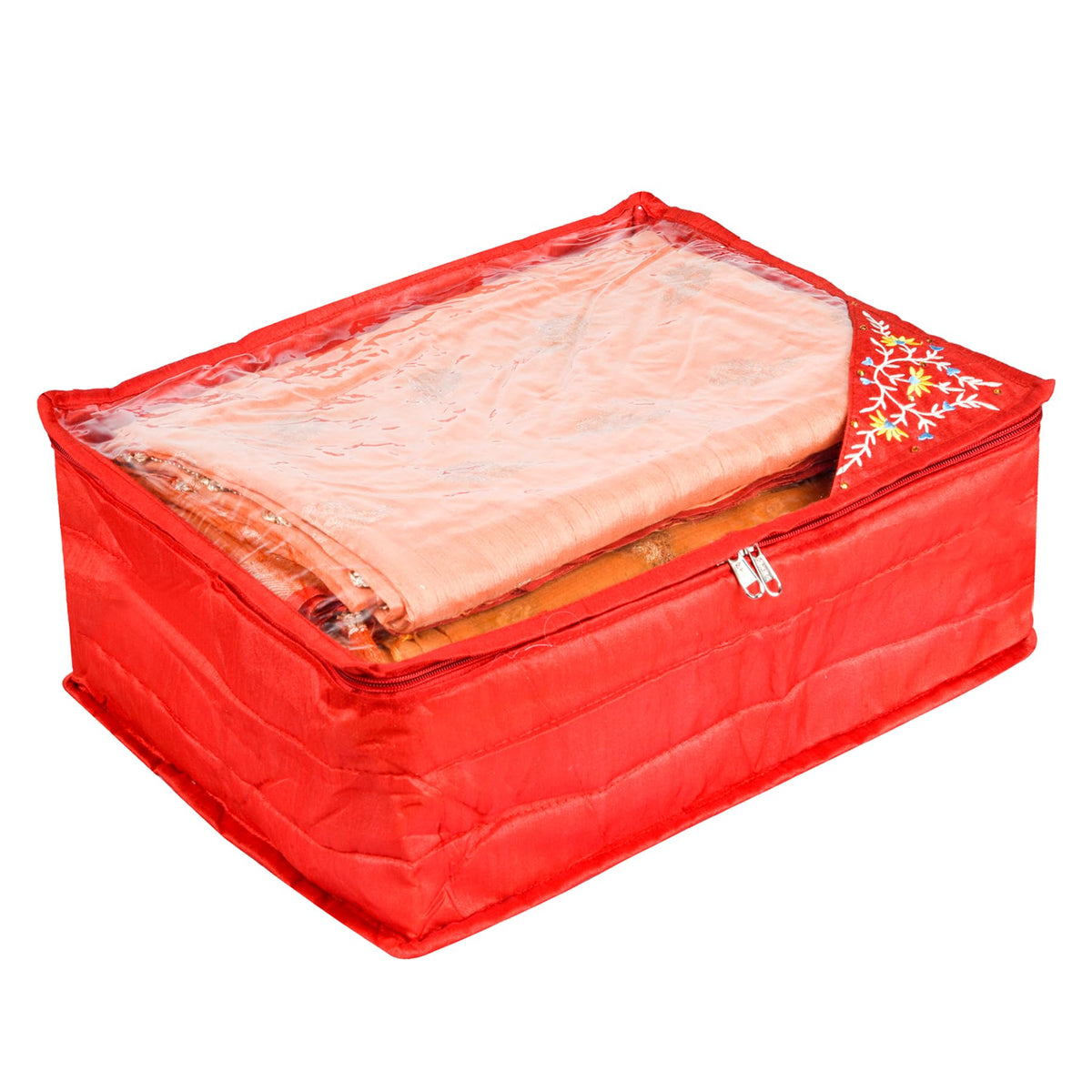 Kuber Industries Saree Cover | Zip Closure Saree Cover | Clothes Storage Bag | Wardrobe Organiser for Suit | Transparent Top Saree Cover | Side Embroidery-Design | 9 inch | Red