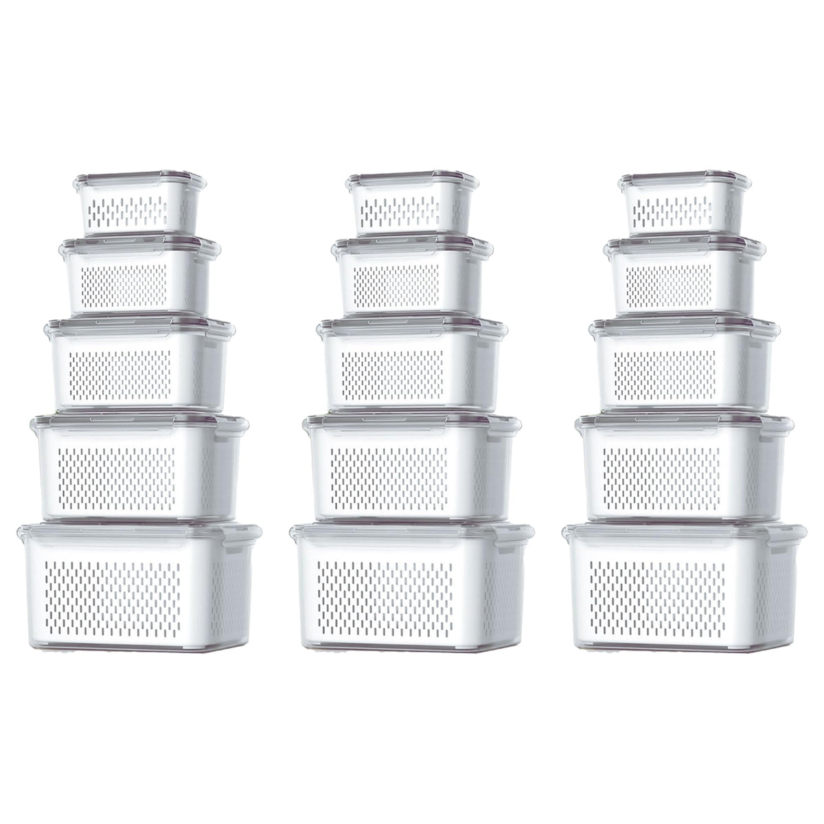 Kuber Industries 15 Pcs Food Containers | Storage Box for Fridge | Vegetable Fruit Boxes | Refrigerator Storage Box | Containers With Lid | Handheld Strainer Basket | HXP00742 | Transparent|Pack of 3