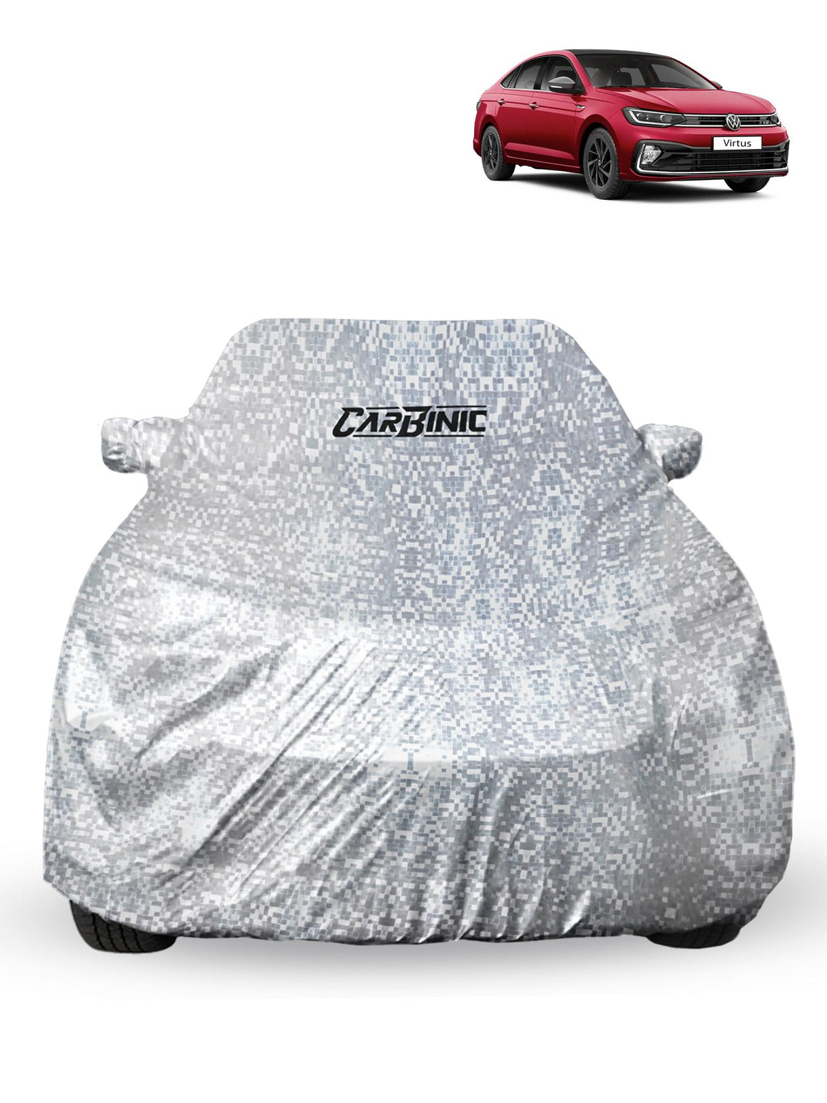 CARBINIC Waterproof Car Body Cover for Volkswagen Virtus 2022 | Dustproof, UV Proof Car Cover | Car Accessories |Mirror Pockets & Antenna Triple Stitched | Double Layered Soft Cotton Lining