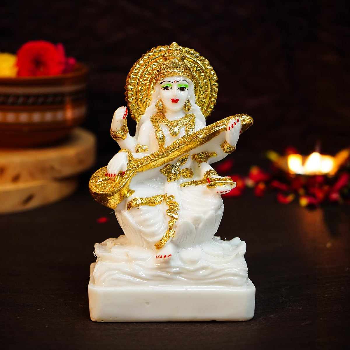 Ekhasa Aura Series Marble Dust Maa Saraswati Idol (5 inch) | Gold Plated Saraswati Maa Murti for Study Table, Pooja Room & Home Decor | Resin Saraswathi Devi Pital Idol | Saraswati Statue for Gifting