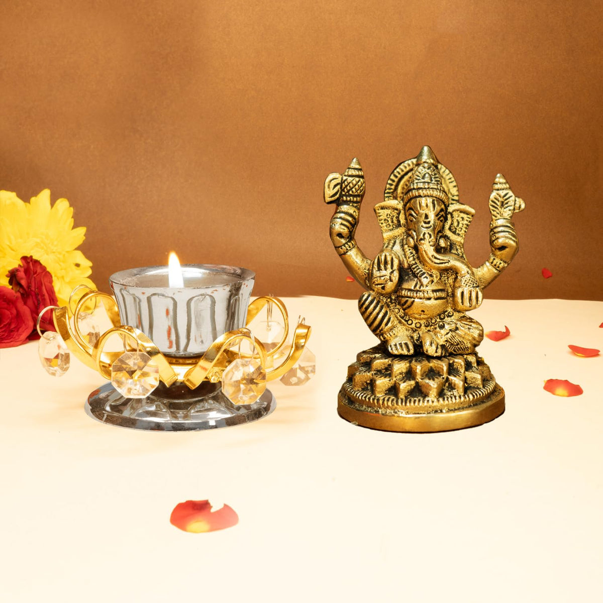 Ekhasa 100% Pure Brass Ganesha Idol & Tealight Candle Holder (Size: 8.4 cm) | Pital Ganesh Murti for Pooja Room, Home Decor, Office Desk, Car Dashboard | Vinayagar Statue for Diwali Puja (Combo Set)