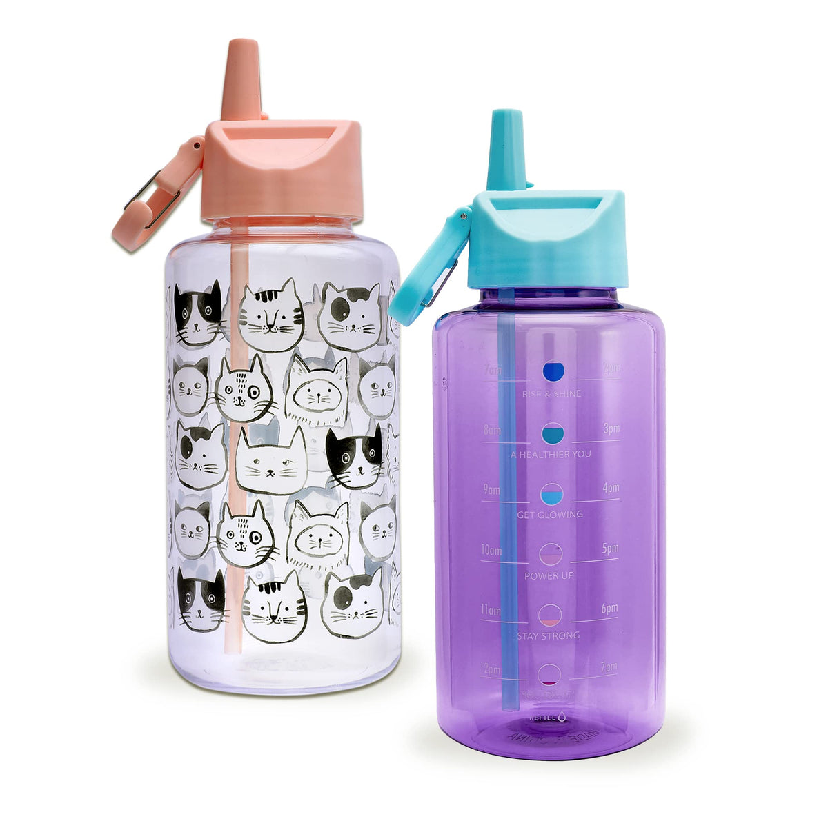 Anko Non-Toxic Sipper Water Bottle 1 L with Motivational Time Marker, Leakproof Durable Non-Toxic Water Bottle for Office, 1L Water Bottle for Gym | Water Bottle For Office and Cat Print | Pack of 2