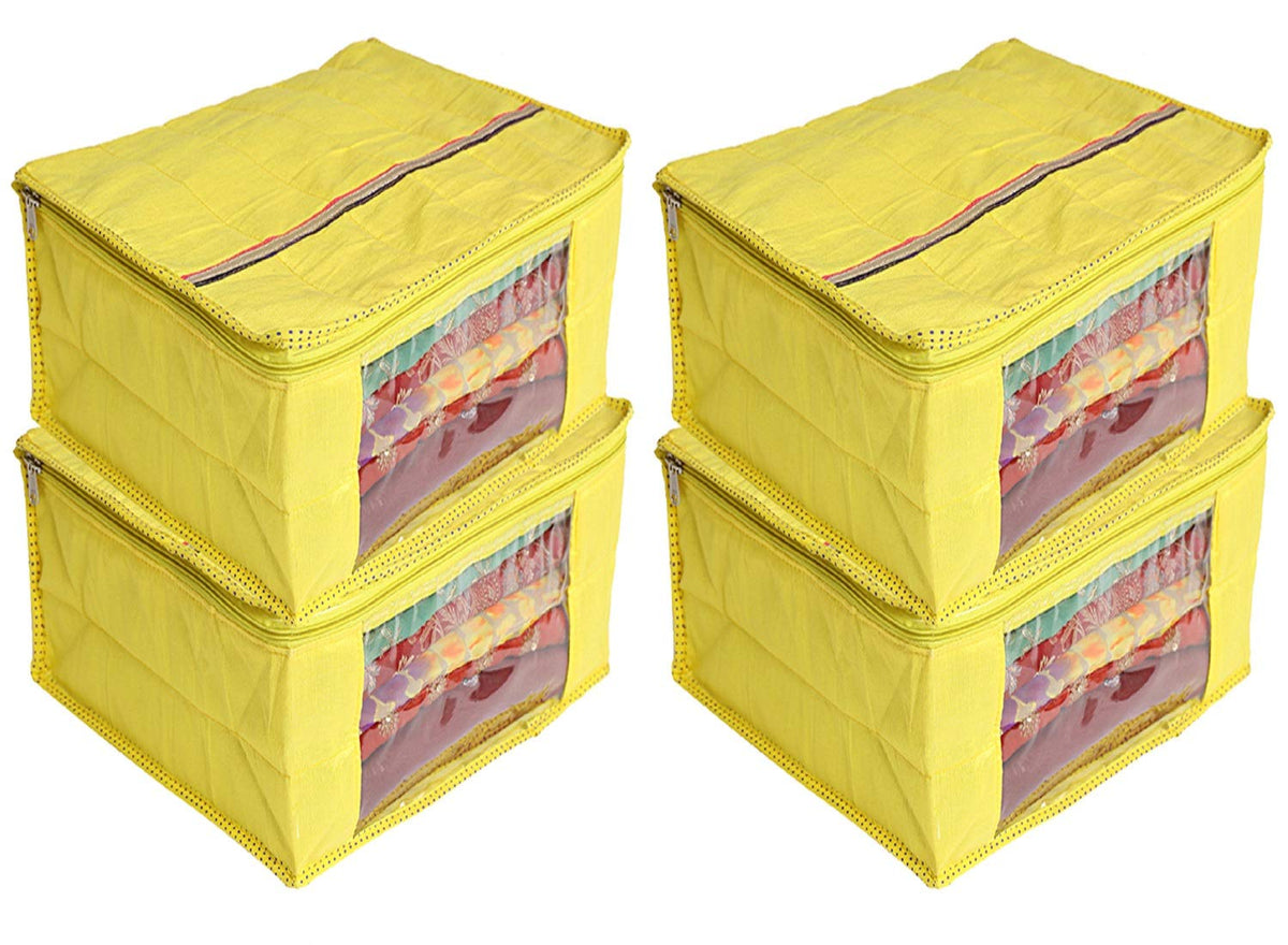 Heart Home 4 Pieces Raw Silk Saree Cover Wardrobe Organizer (Yellow)- CTHH19196