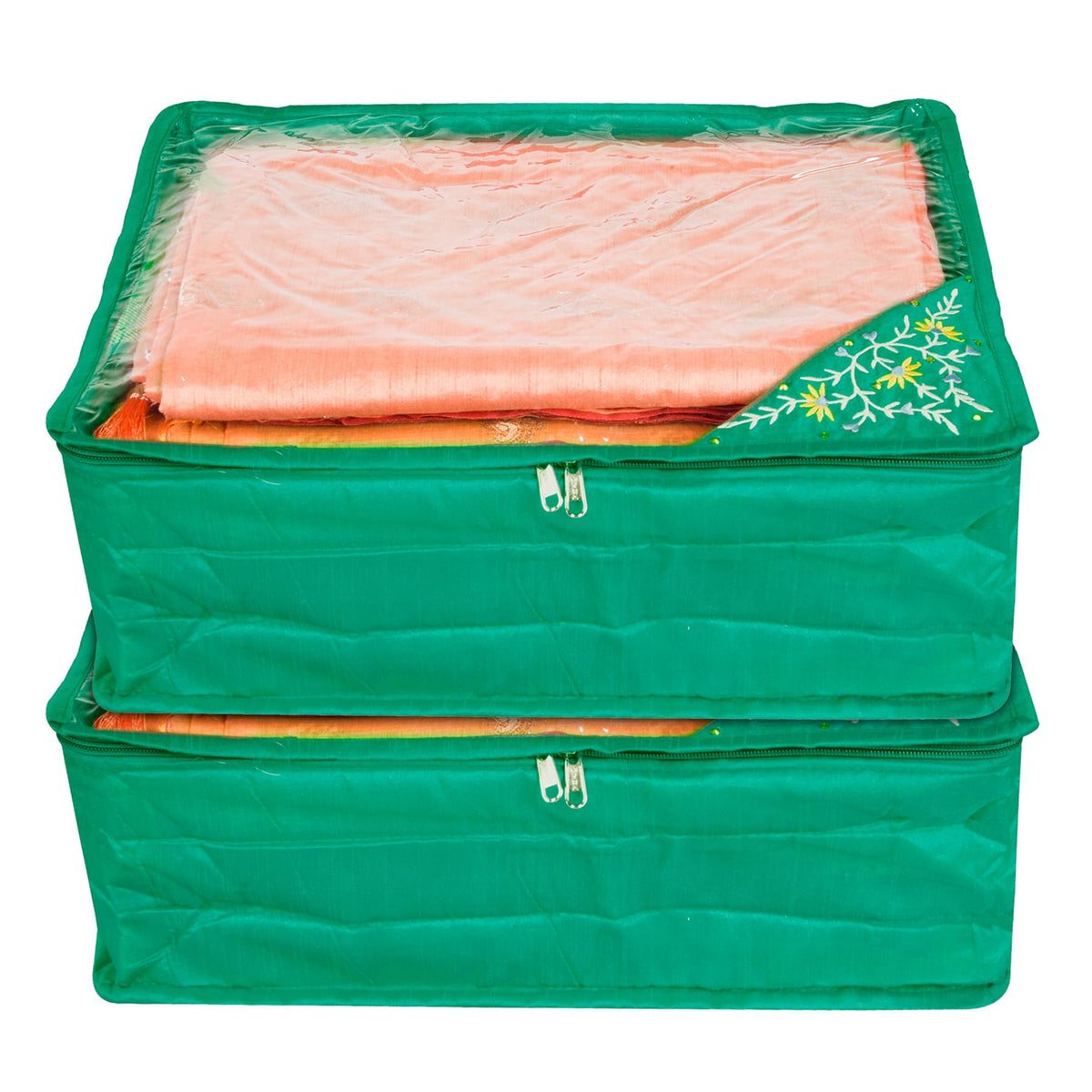 Kuber Industries Saree Cover | Clothes Storage Bag | Storage Organizer Bag | Zip Closure Saree Cover | Wardrobe Organizer | Side Embroidery Saree Cover | 6 Inch | Pack of 2 | Green