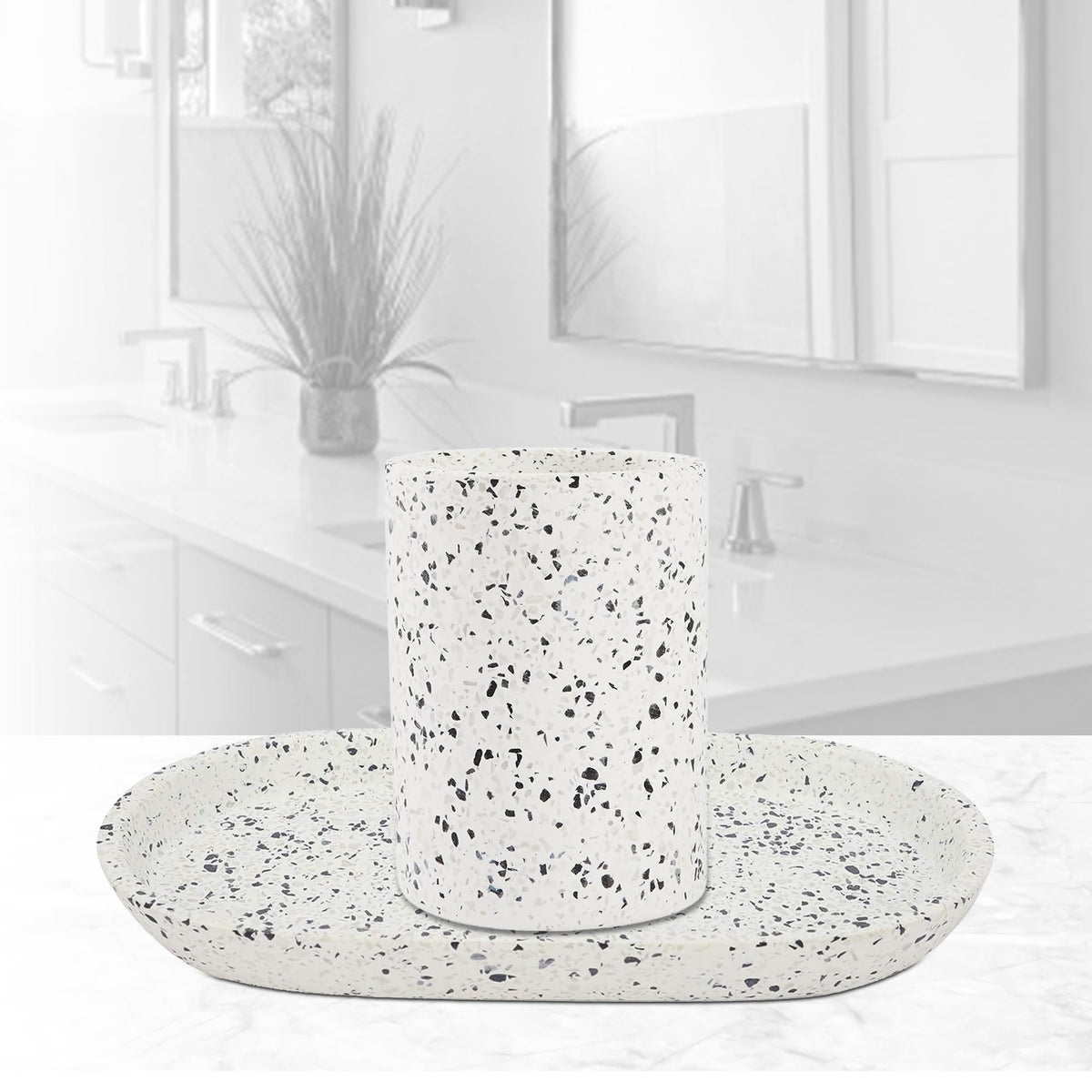 Anko Terrazzo Stoneware Toothbrush Holder & Tray Set for Bathroom | Rust-Proof, Leak-Proof, Easy to Clean | Washroom countertop Storage Organiser | Bathroom Accessories Set