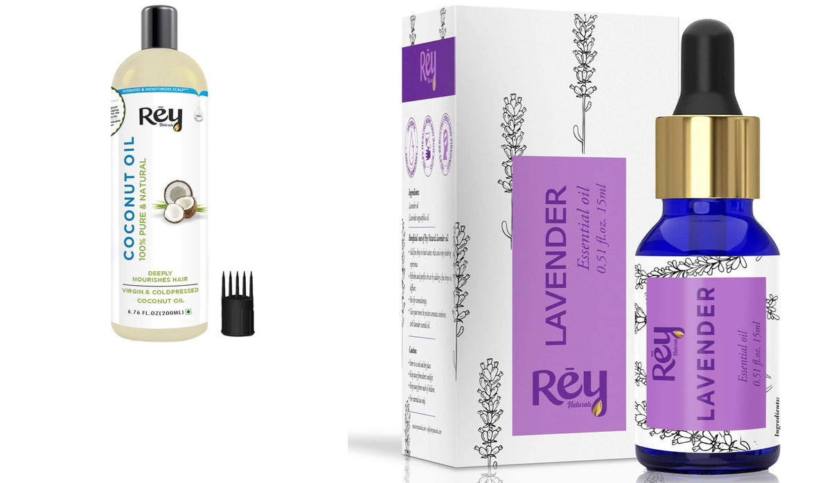 Rey Naturals Lavender Essential Oil - Pure 100% Natural - Calming Bath|Cold Pressed Coconut Oil For Hair and Skin 100% Pure & Natural, Hair oil For Growth,Use For Men And Women