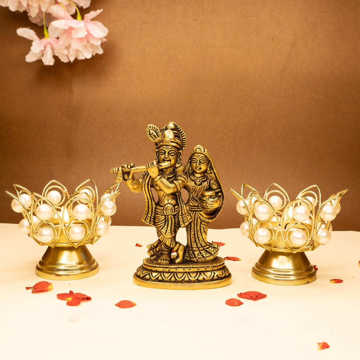 Ekhasa 100% Pure Brass Radha Krishna Murti & Tealight Candle Holder | Radha Krishna Statue | Radha Krishna Idol for Gift | Radhe Krishna ki Murti for Pooja Room & Home Decor (Combo Set)