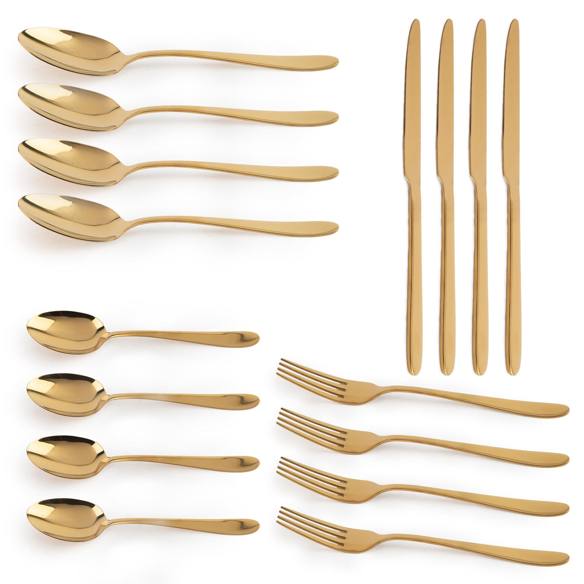 Anko 16 Piece Cutlery Set | Aesthetic Stainless Steel Tableware kit for 4 | Food Grade & Dishwasher Safe Kitchen Dining Utensil Collection | 4 Spoons, 4 Forks, 4 Knives, 4 Teaspoons | Champagne Gold