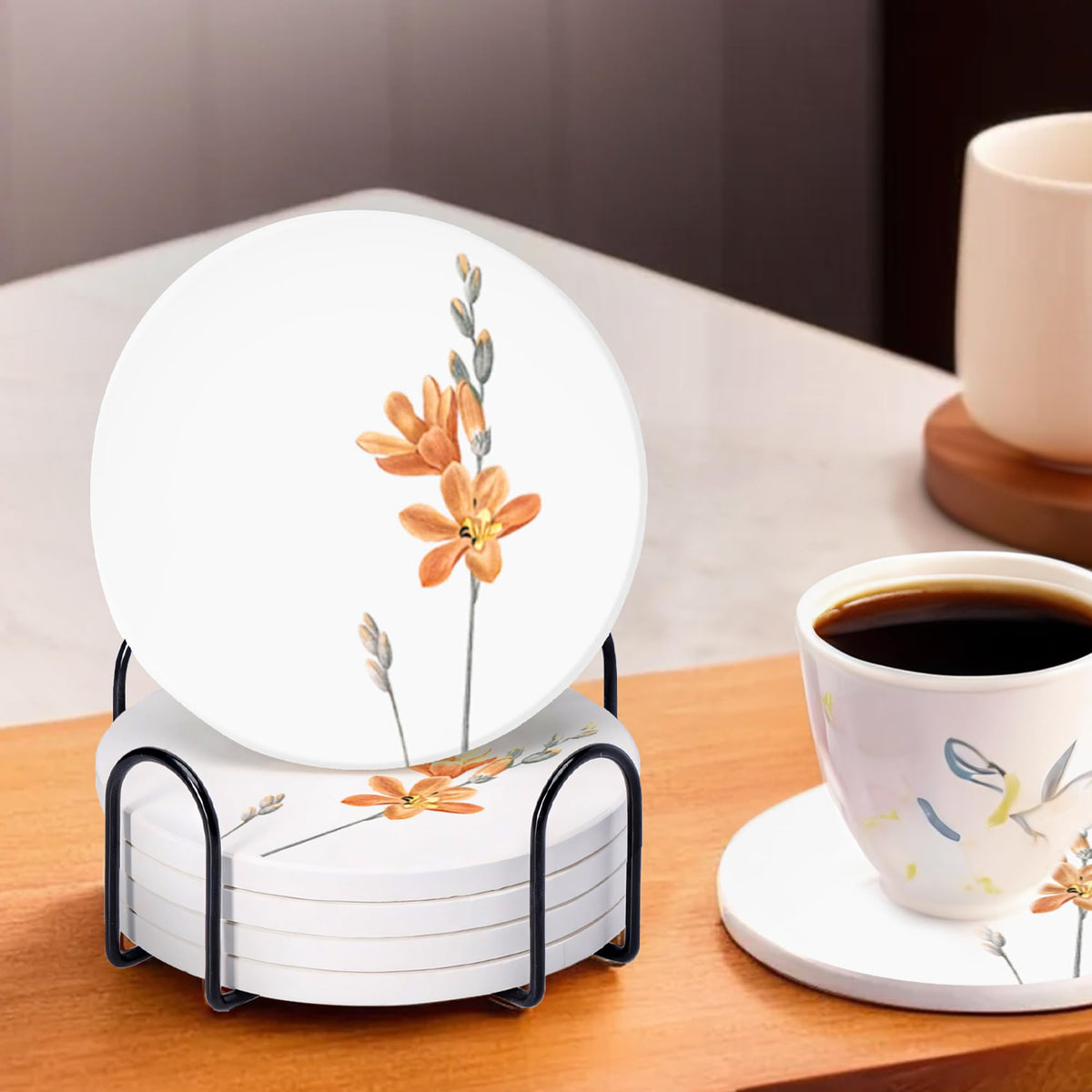 UMAI Coaster Set of 6 (Dia - 10cm) | Dining Table Decor Accessories | Beautiful Floral Coasters | for Cups Coffee Mugs Glasses | with Cork Steel Holder | Heat Resistant Absorbing Tea Coaster