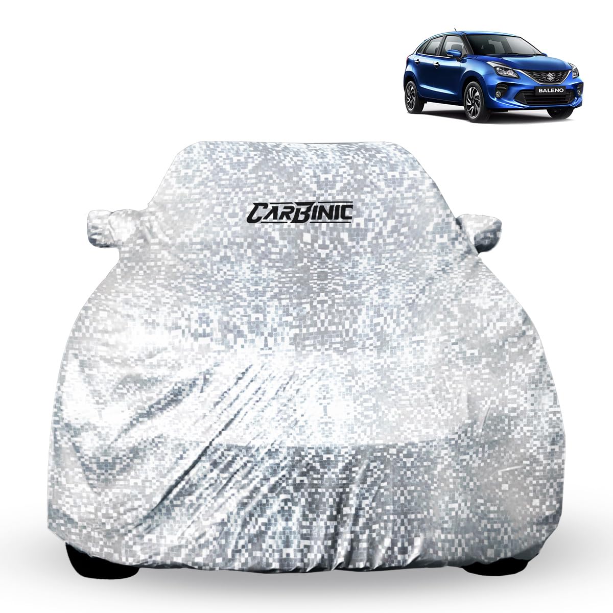 CARBINIC Car Cover for Maruti Baleno 2022 Waterproof (Tested) and Dustproof Custom Fit UV Heat Resistant Outdoor Protection with Triple Stitched Fully Elastic Surface (Silver)