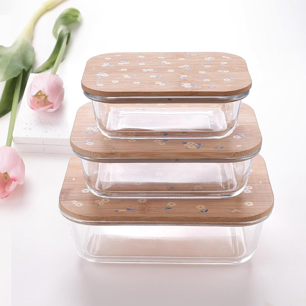 Homestic Pack of 3 Borosilicate Glass Kitchen Containers with Bamboo Lid | 370ml 640ml 1060ml | Airtight Rectangular Fridge Storage Boxes |kitchen organizer items & storage| Happy Dance Print