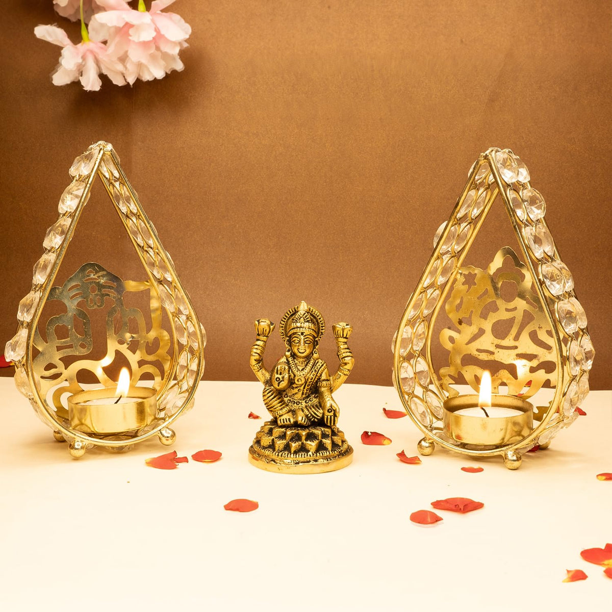 Ekhasa 100% Pure Brass Lakshmi Devi Idol & Ganesh Tealight Candle Holder (8.4 CM) | Goddess Laxmi Idol for Pooja Room, Home Decor, Car Dashboard, Office Desk | Varalakshmi Puja Idol for Diwali (Combo)