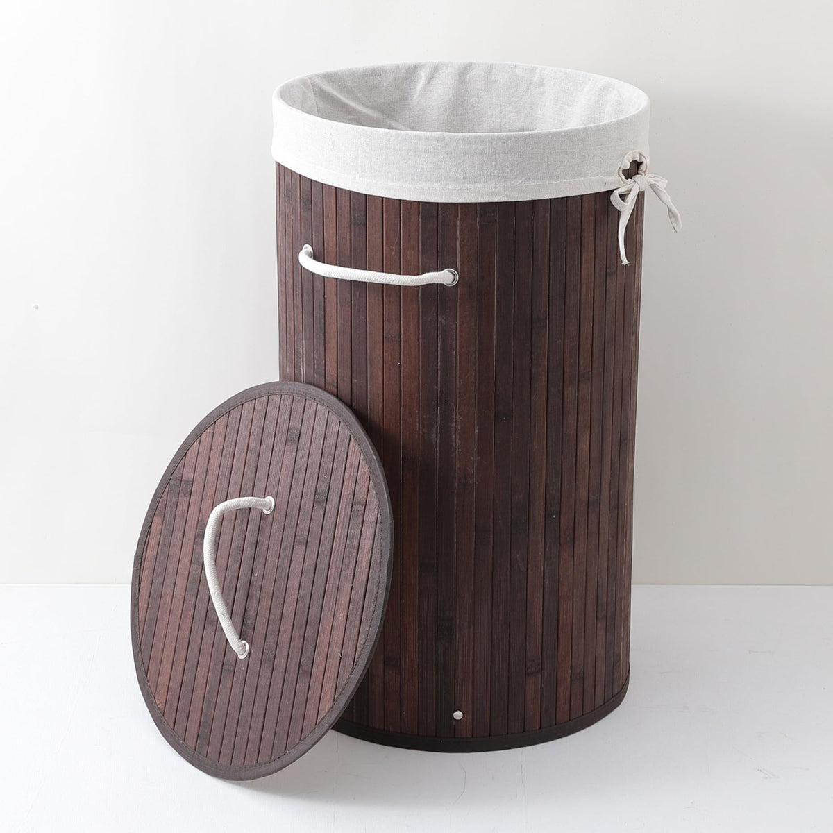 Kuber Industries 73 Ltr Round Bamboo Laundry Basket For Clothes With Lid | Used/Washing Clothes Bag & Laundry Box - Dark Brown