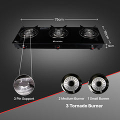 Candes Toughened Glass Manual Gas Stove |3 Die Cast Alloy Tornado Burner | LPG Compatible | Doorstep Service | ISI Certified | 1 Year Warranty (3 Burner Magma- Manual)