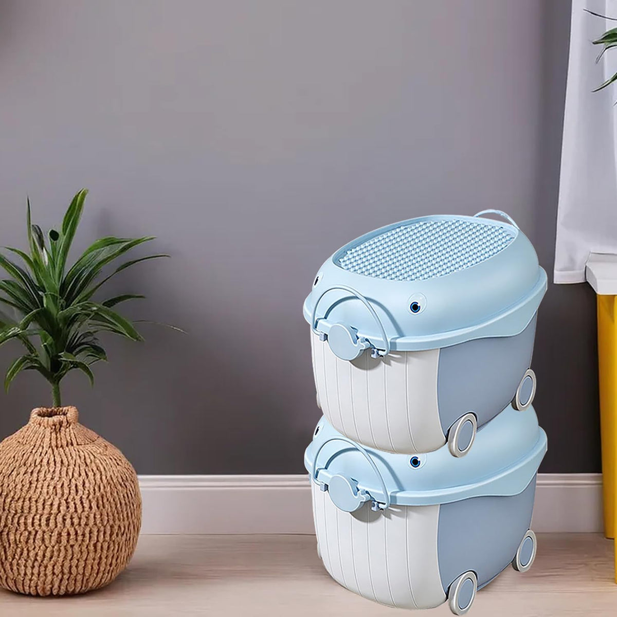 Kuber Industries Pack of 2 Children's Toy Storage Box | Dolphin Cartoon Toy Storage Box | Storage Box With Lid & Wheel | Stackable & Multipurpose Large Storage Boxe | YN6258 | Blue
