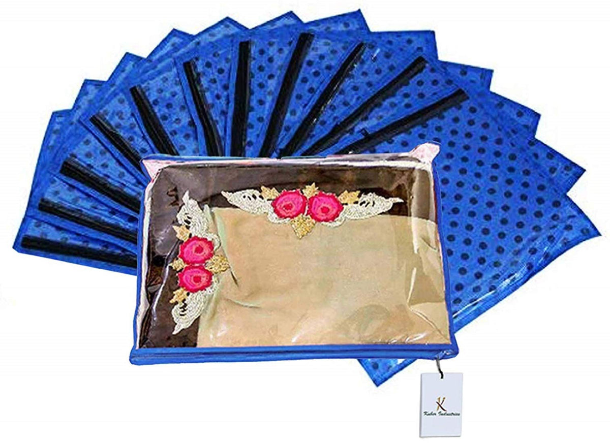 Kuber Industries 12 Piece Polka Dots Non Woven Saree Cover Set, Blue