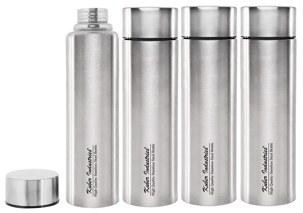 Kuber Industries Insulated Stainless Steel Water Bottle, Leakproof Lids, Great for Travel, Picnic & Camping, 1000 ML- Pack of 4 (Silver)