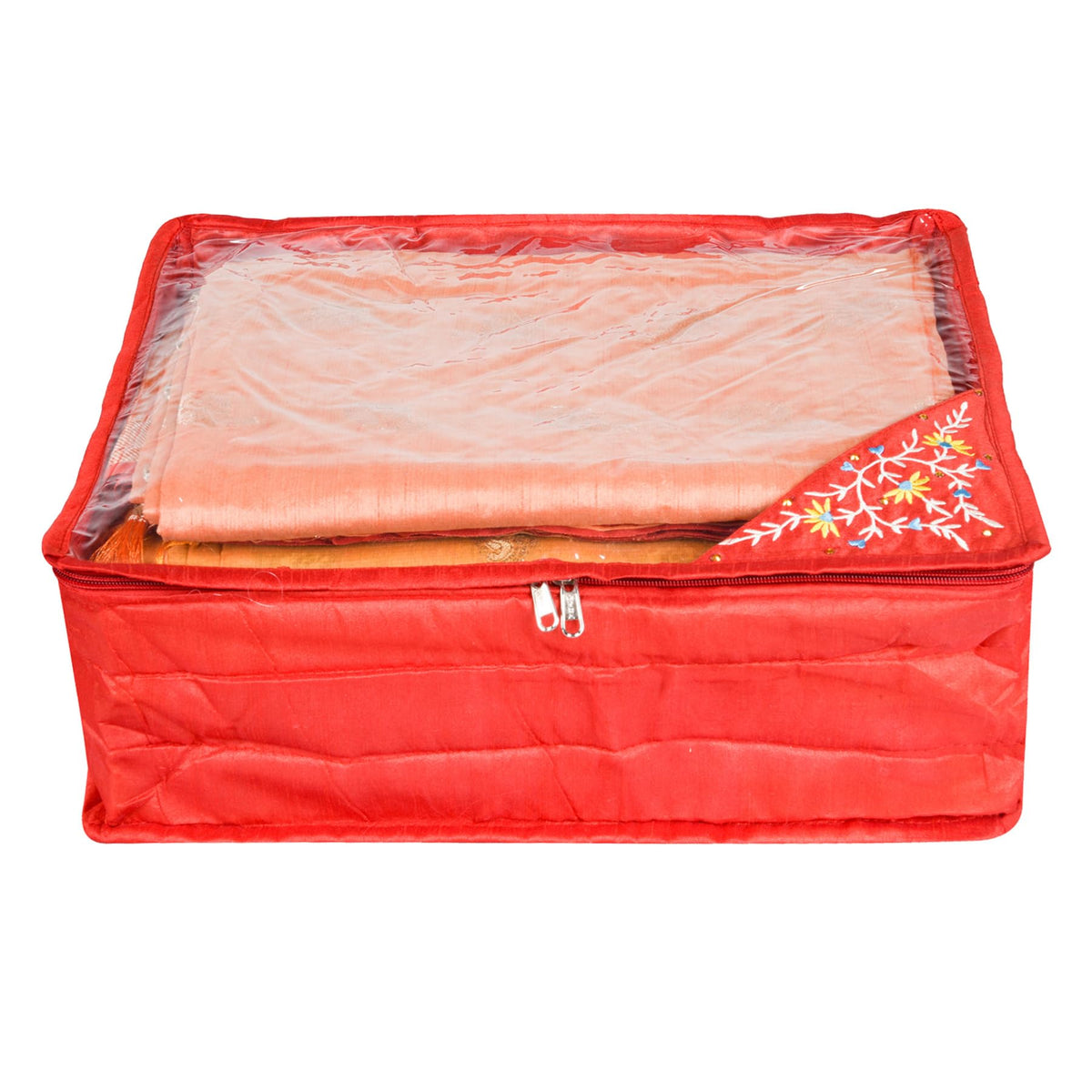 Kuber Industries Saree Cover | Clothes Storage Bag | Storage Organizer Bag | Zip Closure Saree Cover | Wardrobe Organizer | Side Embroidery Saree Cover | 6 Inch | Red