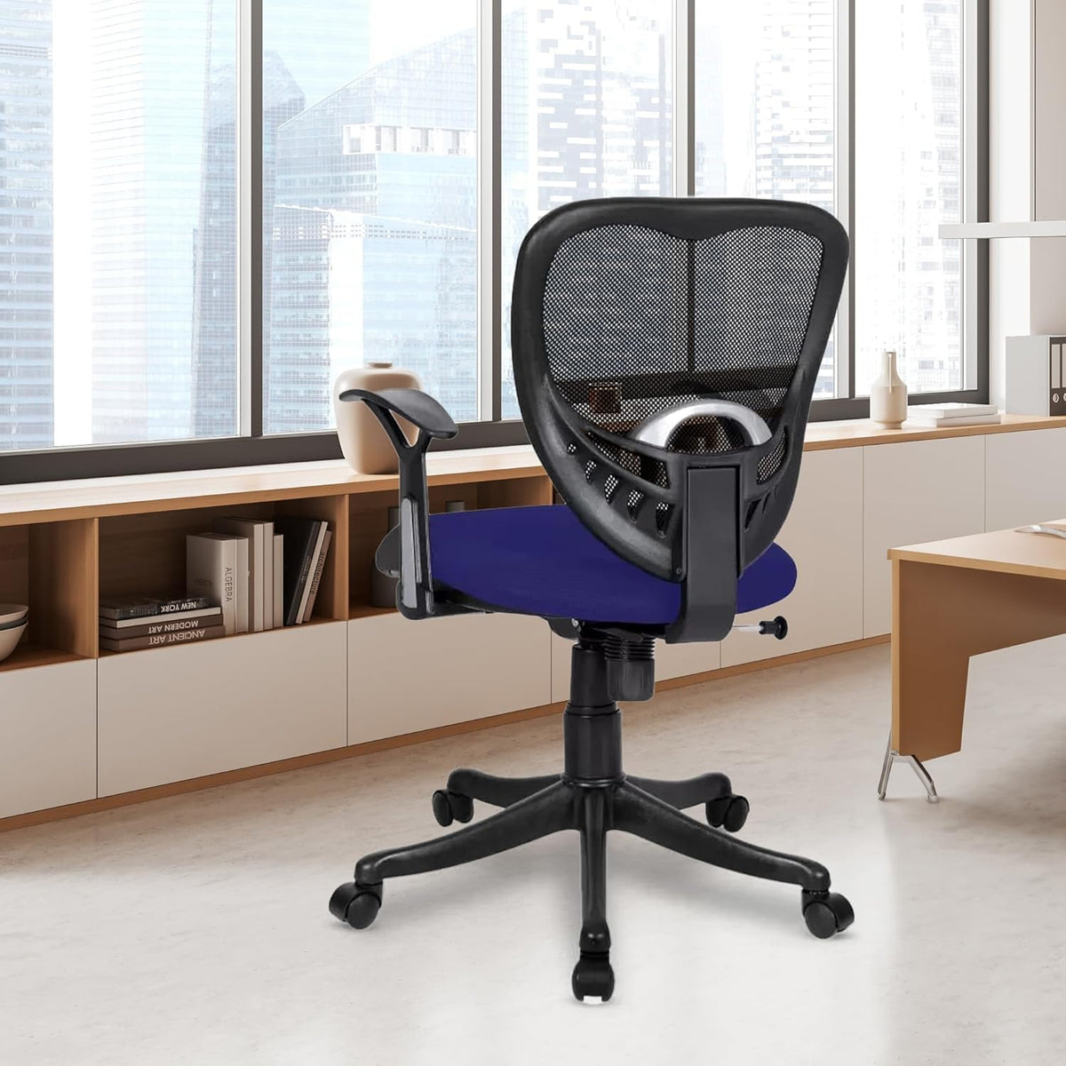 Kuber Industries Ergonomic Revolving Office Chairs for Work from Home | Comes with Manual Height Adjustable, Armrest & Lumbar Support | Comfy Study Chair for Students with Wheels | Black & Blue Seat