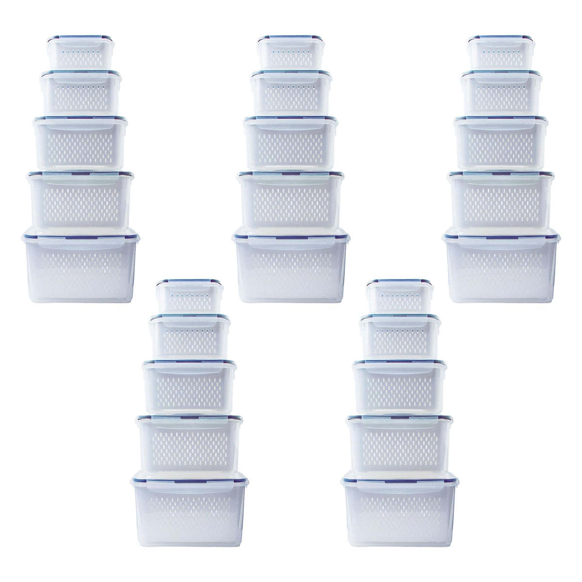 Kuber Industries 25 Pcs Food Containers|Storage Box for Fridge | Vegetable Fruit Boxes | Refrigerator Storage Box | Containers With Airtight Lid | Strainer Basket | HXP00290 | Transparent |Pack of 5