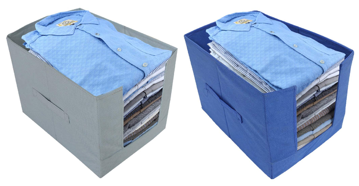 Kuber Industries Non-Woven Foldable Shirt Stacker|Cloth Wardrobe Organizer|Size 40 x 25 x 24 CM|Pack of 2 (Grey and Blue)