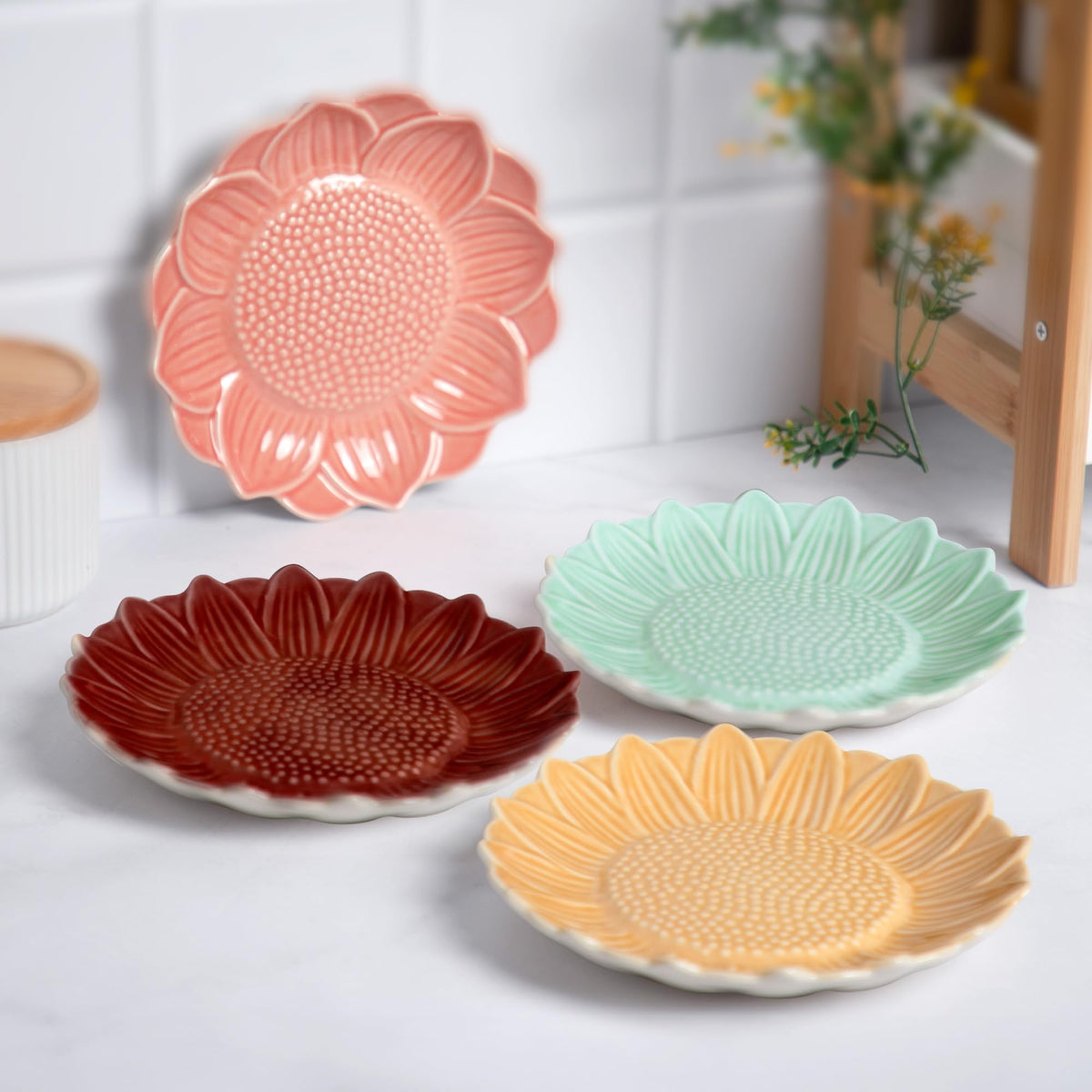 Anko 7" Flower Pattern Stoneware Plates - Set of 4 | Oven & Dishwasher Safe Plates for Kitchen, Dining, Restaurants, Gifting | Aesthetic Plates for Snacks & Dinner | Green, Orange, Yellow, Red