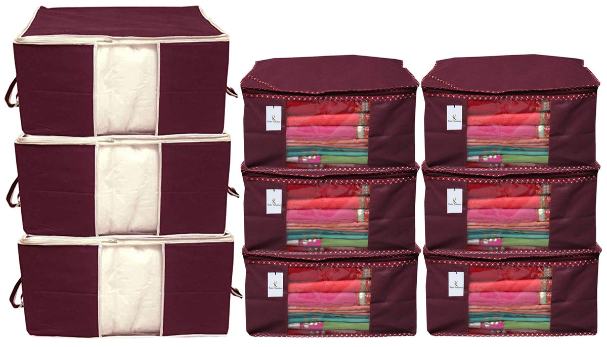 Kuber Industries Non Woven 6 Pieces Saree Cover and 3 Pieces Underbed Storage Bag, Cloth Organizer for Storage, Blanket Cover Combo Set (Maroon) - CTKTC038459