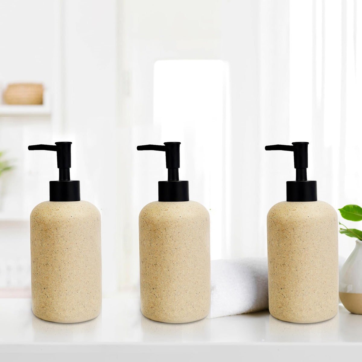 Anko Liquid Soap Dispenser - Pack of 3 | Polyresin Soap Dispenser| Bathroom Sanitizer, Lotion, Shampoo Dispenser | Handwash Bottle for Kitchen | Soap Dispenser for Wash Basin - Beige 400 ml