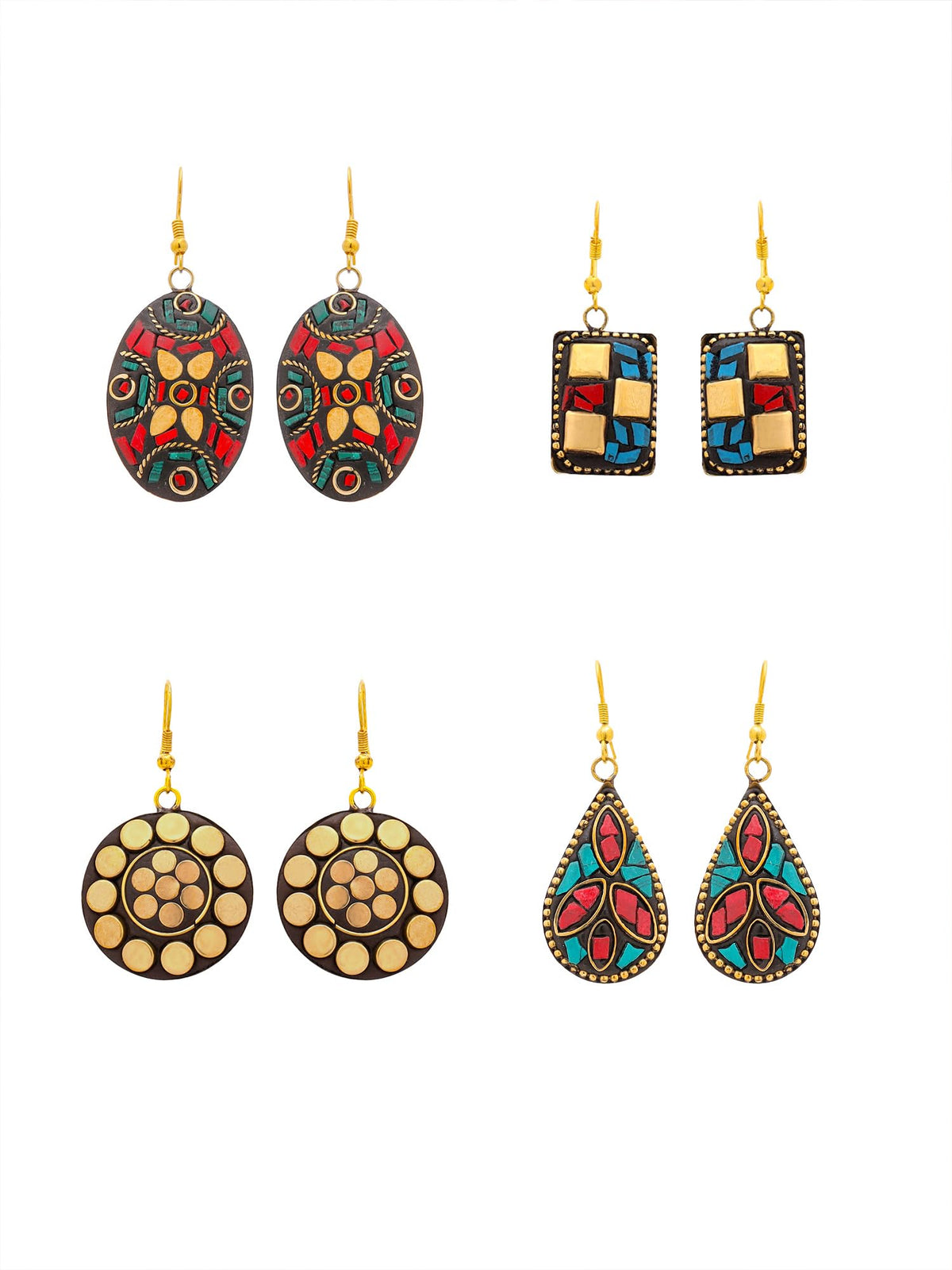 Yellow Chimes Drop Earrings For Women | Traditional Women Earrings | Ethnic Combo of 4 Pairs Tibetan Laac Drop Earrings For Girls | Birthday Gift for Girls Anniversary Gift for Women