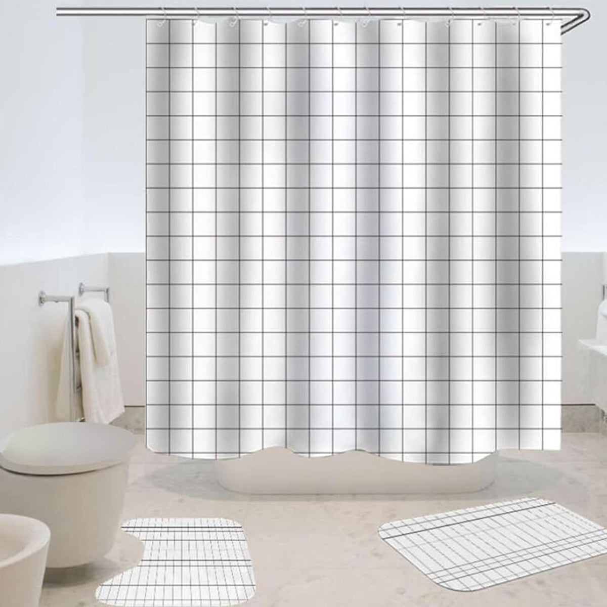 THE BETTER HOME Shower Curtain & Bathroom Mat Set (3pc) | 6 Ft Shower Curtains for Bathroom| U-Shaped Anti Skid Mat for Bathroom Floor | Non Slip Mat for Bathroom | Mold Resistant | Square Grid