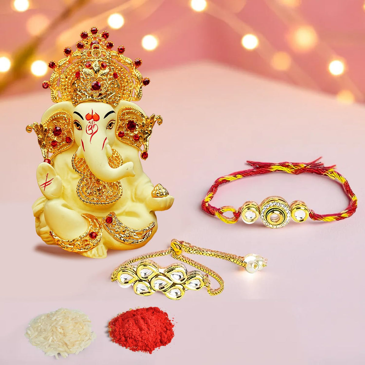 Ekhasa Rakhi Gift Set for Brother | Bhaiya Bhabhi Raakhi with Ganesha Idol Combo | Designer Lumba Rakhis | Raki for Kids Bracelet for Men, Women | Rakshabandhan Rakhee Combo Kit with Roli & Chawal