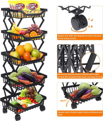 Kuber Industries 5-Layer Collapsible Kitchen Rack|Multipurpose Storage Basket|360-Degree Rotable Kitchen Trolley|Fruit Basket Pack of 4 (Black)