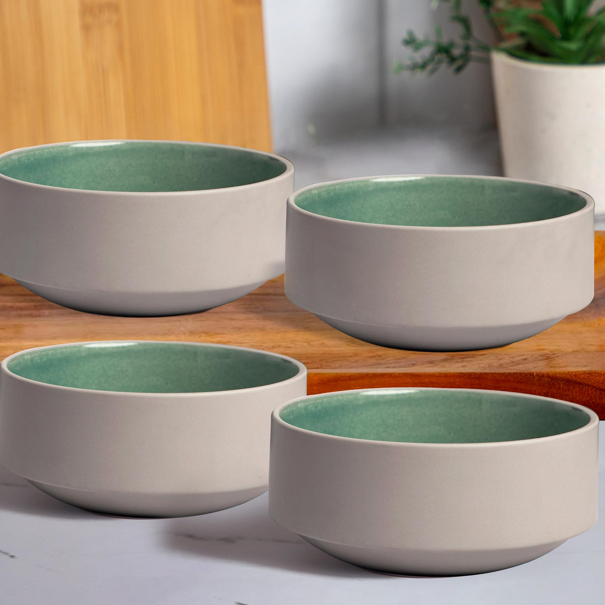 Anko 6" Glazed Stoneware Bowls - Set of 4 | Lightweight Daily Use Premium Crockery for Dining Table Ideal for Serving Soup, Salad, Dessert | Designer Bowls for Home, Kitchen, Restaurant | Sage Green