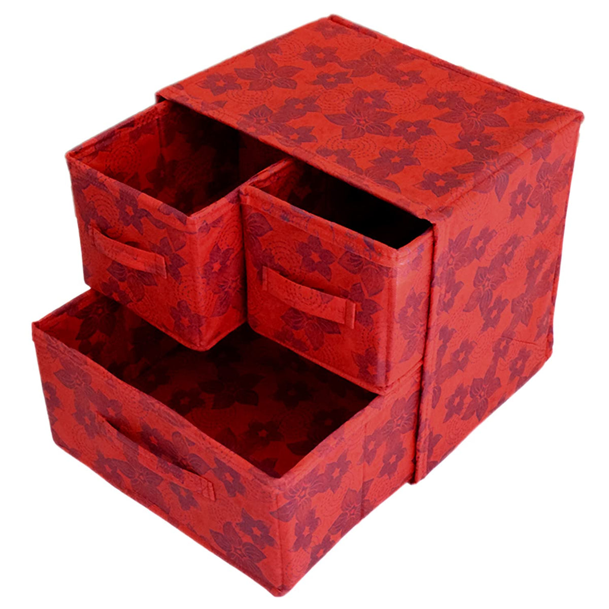 Kuber Industries Metallic Flower Printed 3 Drawers Foldable Non-Woven Dressing/Jewllery/Makeup Organizer Box (Red)-HS43KUBMART26848