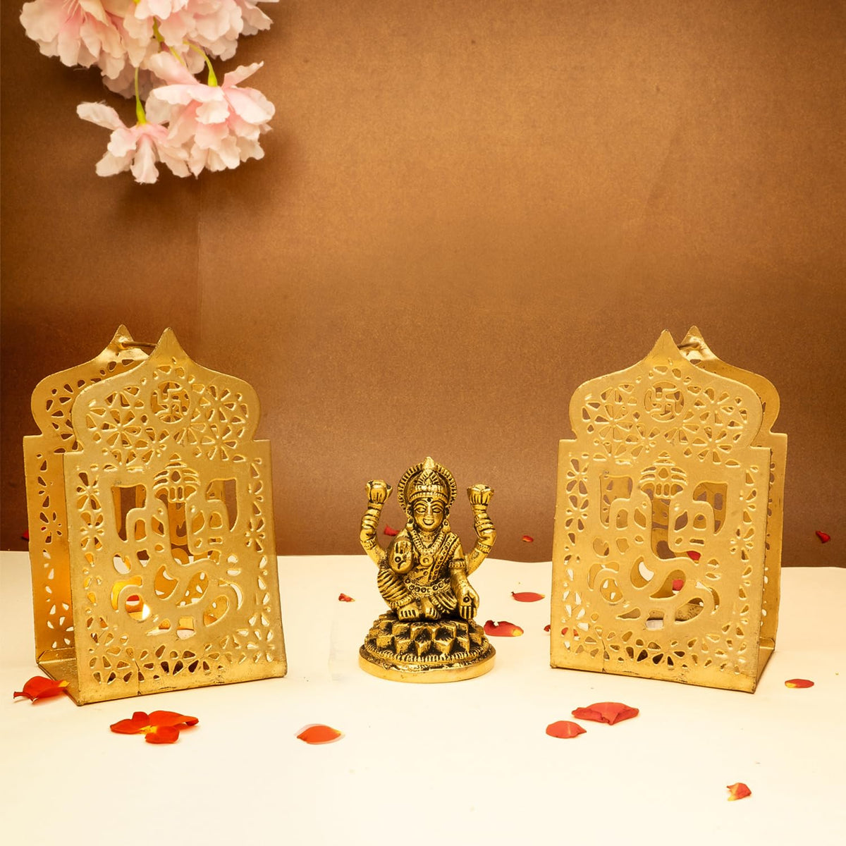 Ekhasa 100% Pure Brass Lakshmi Devi Idol & Tealight Candle Holder | Goddess Laxmi Idol for Pooja Room, Home Decor, Car Dashboard, Office Desk | Varalakshmi Puja Idol for Diwali (Combo)