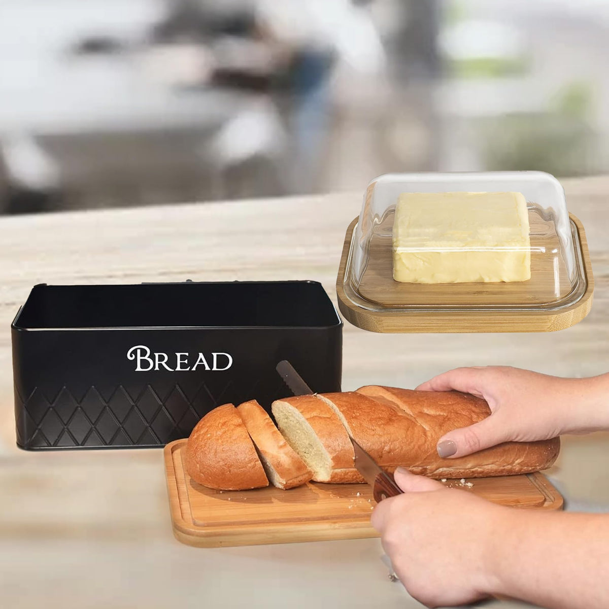 The Better Home Borosilicate Glass Butter Dish with Lid & Bread Box with Bamboo Cutting Board Lid-Combo Pack | Kitchen Accessories Combo (Rectangular Black + Butter Dish)