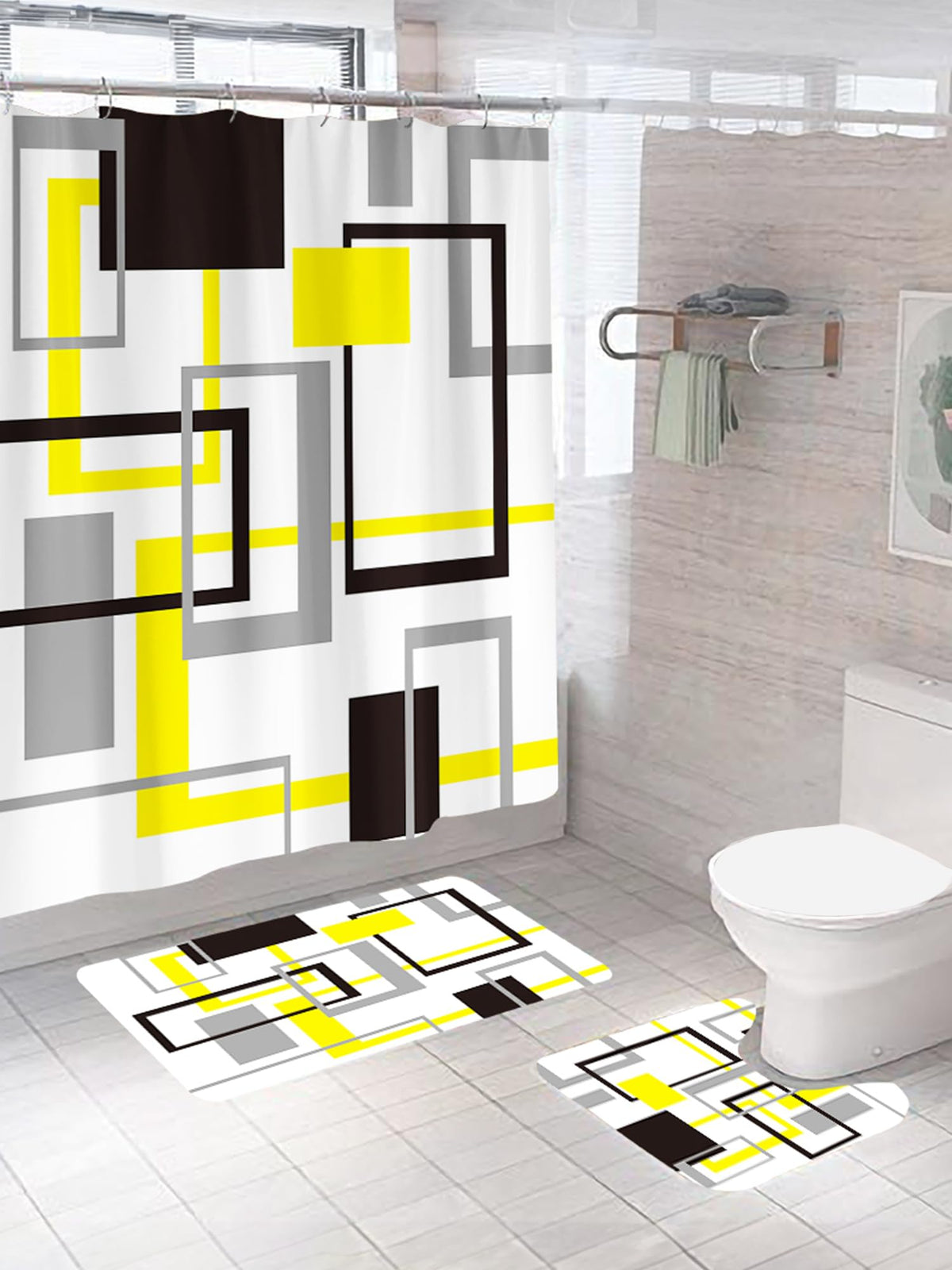 SAVYA HOME Shower Curtain (1) & Bathroom Mat (2) Set, Shower Curtains for Bathroom I, Waterproof Fabric I Anti Skid Mat for Bathroom Floor I Geometric Yellow Grey, Pack of 3